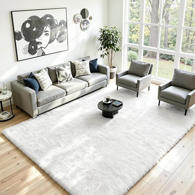 8x10 Area Rug for Living Room, Ultra Soft Fluffy White Rugs for Bedroom, Non Slip Large Shag Carpet, Fuzzy Plush Nursery Rug, Thick Washable Indoor Floor Carpets for Kids Office Dorm Home Decor
