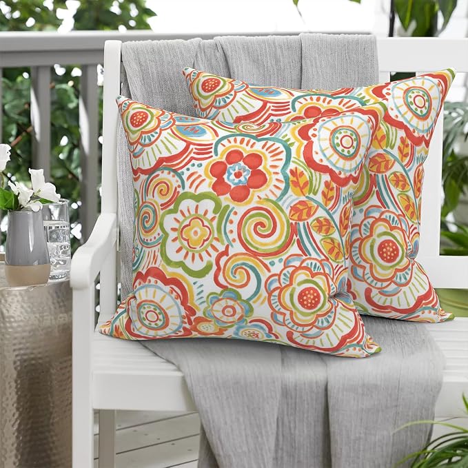 Pack of 2 Patio Throw Pillow Covers ONLY, Water Repellent Cushion Cases 20x20 Inch, Square Pillowcases for Outdoor Couch Decoration, Flower Multi