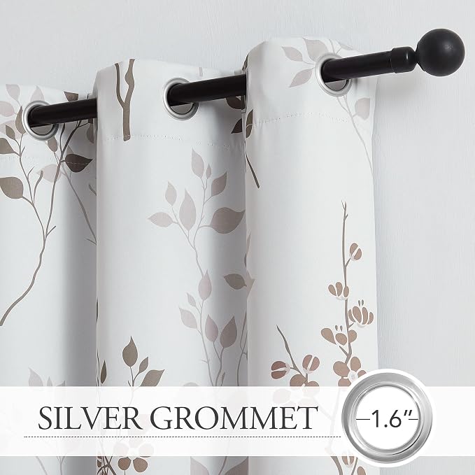 Beauoop Floral 100% Blackout Curtains for Bedroom Tan Brown 52X108 2 Panels | Flower Patterned Brown White Room Darkening Drapes for Living Room Thermal Insulated Soundproof Window treatment Grommet