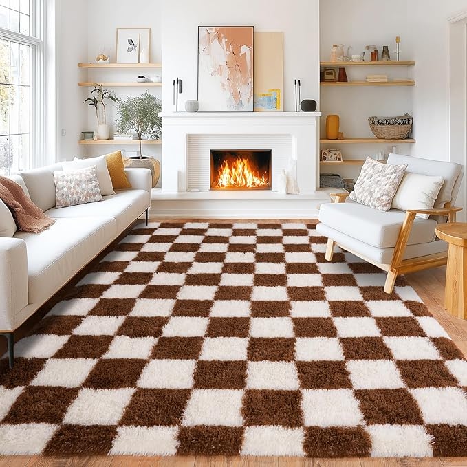 Pionblank 9x12 Area Rug, Large Fluffy Checkered Rugs for Living Room, Shag Rug for Bedroom, Soft Non Slip Shag Carpet for Kids Room Nursery Home Decor, Brown and Cream White