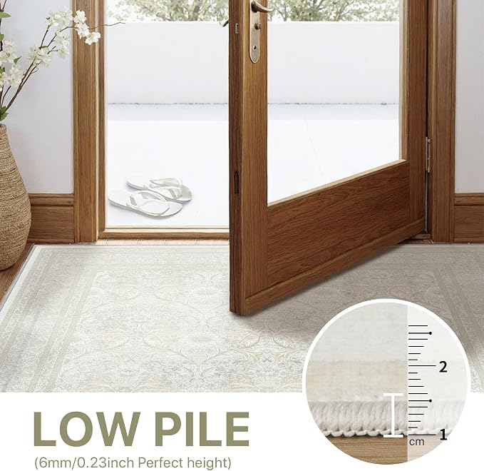 Bavni Vintage Floral Rugs 6X9, Washable Area Rug with Non Slip Backing, Low Pile for Living Room, Bedroom & Home Decor, Lightweight Carpet, Beige Cream