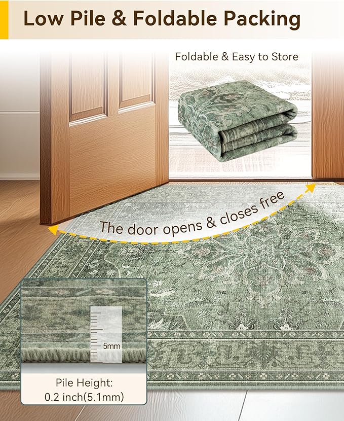 RELEANY Area Rugs Runner 2'x9' Washable Non-Slip, Floral Vintage Distress Medallion Carpet for Kitchen Hallway Bedroom Beside Laundry Room Bathroom, Dark Green Gray