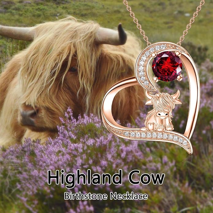 Highland Cow Gifts for Women 925 Sterling Silver Highland Cow Birthstone Necklace Fluffy Cow Jewelry Gifts Birthday Christmas