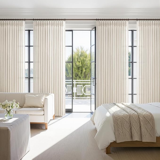 Pinch Pleated Linen 50 Inch Wide Curtains 96 Inches Long for Living Room, Memory Trained Pleat Boho Semi Sheer Birch Light Filtering Privacy Drapes 50x96 Inch Length 2 Panels Set Curtain Cream Ivory