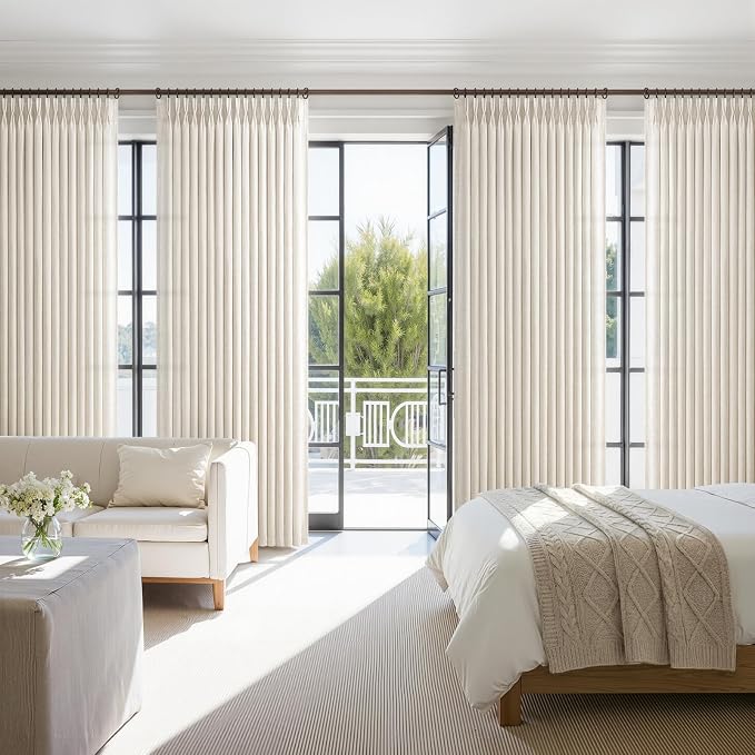 Extra Long 108 Inch Birch Curtains 2 Panels Set for Bedroom, Memory Trained Pinch Pleated Thick Linen Semi Sheer Floor to Ceiling Curtain Light Filtering 9FT Length Elegant Windows Drapes 50Wx108L