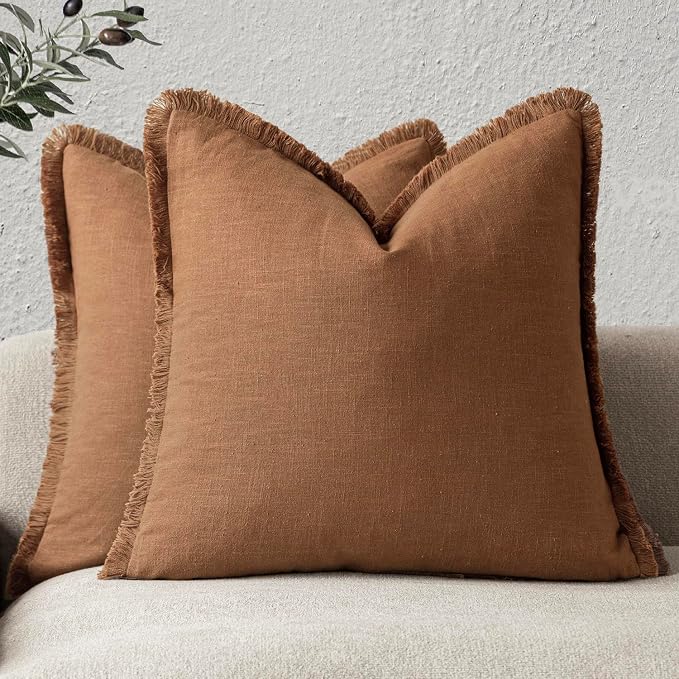 Foindtower Set of 2 Decorative Linen Fringe Throw Pillow Covers Boho Farmhouse Cushion Cover with Tassels Soft Accent Pillowcase for Couch Sofa Bed Living Room Home Decor,24×24 Inch,Orange Brown