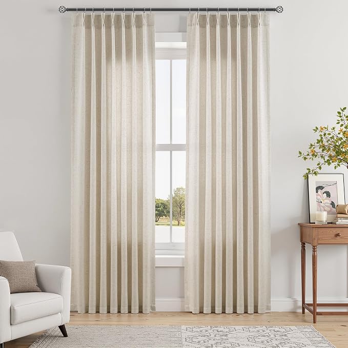 Warm Beige Pinch Pleated Linen Curtains 84 Inches Long for Living Room Farmhouse Modern Semi Sheer Drapes with Hooks Rod Pocket Light Filtering Window Treatments for Bedroom Laundry Room 40x84 Inch