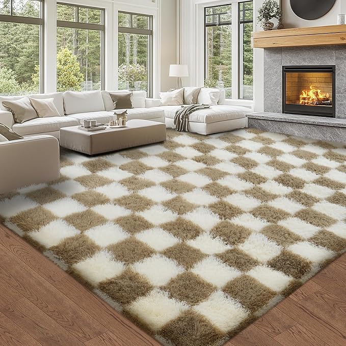 8x10 Fluffy Living Room Rug: Beige and White Checkered Rugs for Living Room- 8x10 Large Fluffy Rug for Bedroom- Soft Plush Shag Carpets for Boys Girls Teen Room, Home Decor (Beige/White)