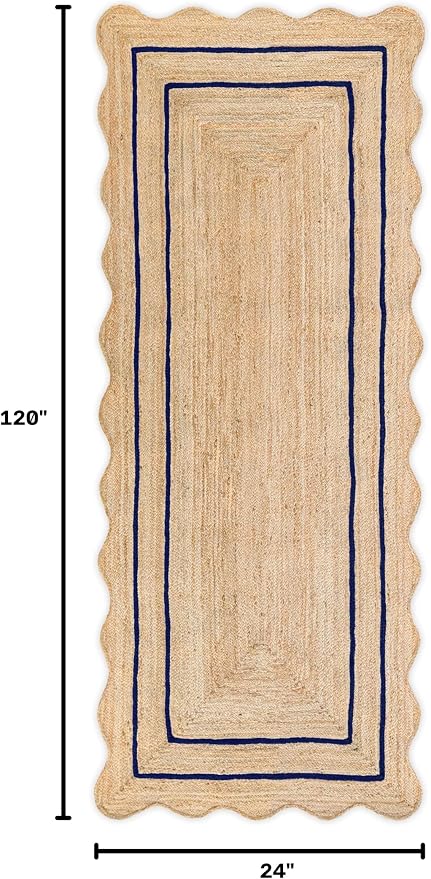 Wave Scalloped Natural Jute Boho Entryway Runner Farmhouse Scallop Rug, Navy (2'x10')