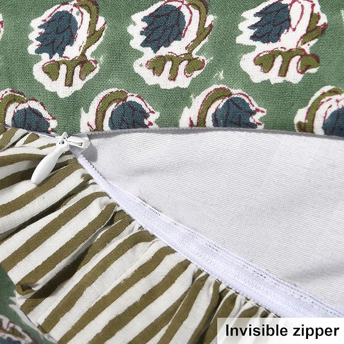 Ridhi Block Print Basil Green Throw Pillow Cover 16" x 16" (Pack of 2) Decorative Cushion Covers with Ruffle for Couch, Sofa, Bed, Living Room, Home Decor Gift for Spring, Easter, Valentine