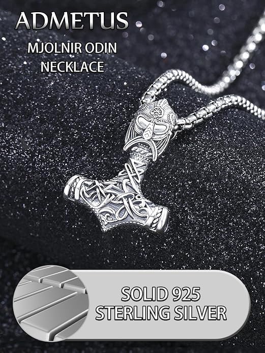 ADMETUS 925 Sterling Silver Thor Hammer Necklace Viking Mjolnir Pendant Jewelry Gifts for Men with 2.5mm 22"+2" Rolo Chain