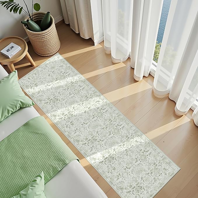 Sage 2x10 Runner Rug for Hallways Bed Side Kitchen, Boho Washable Distressed Low-Pile Floor Entryway Long Bathroom Mat, Non-Slip Laundry Room Washstand Front Carpet Green 24x120 Inch