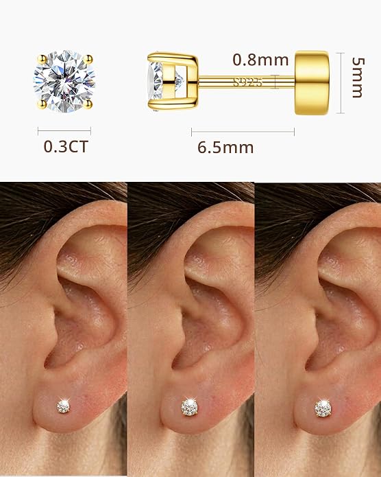 Moissanite Stud Earrings for Women, S925 Sterling Silver Screw Back Flat Back Earrings, Hypoallergenic 14K Gold/White Gold Plated Cartilage Piercing Studs, D Color VVS1 Round Cut 3-5mm