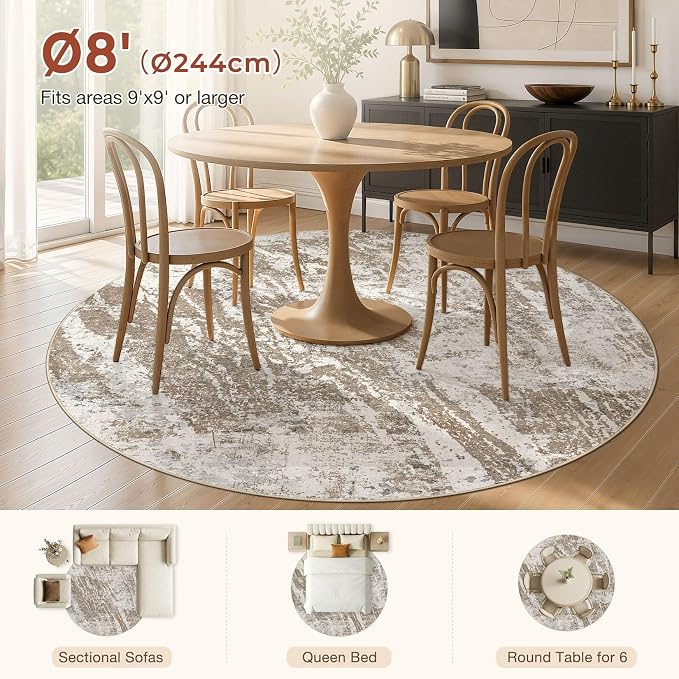 DMOYEST 8ft Round Washable Area Rug for Living Room: Modern Abstract Neutral Circle Carpet, 8x8 Soft Low Pile Non-Slip Floor Mat for Bedroom Under Dining Table, Kids & Pet - Brown