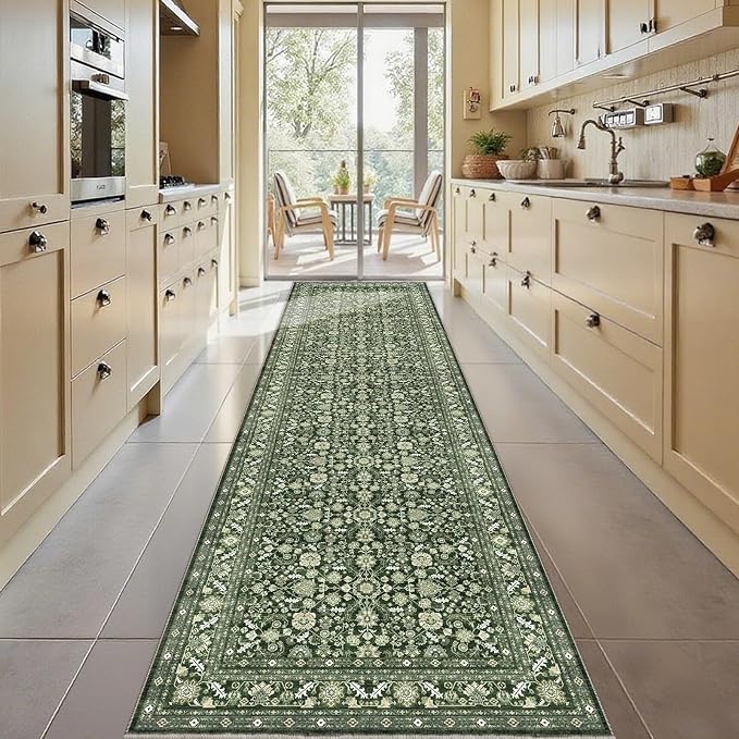 OPPODREAM Low-Pile Area Rugs, Faux Wool Carpet for Living Room, Kitchen, Office, Dorm, Bedroom, Vintage Washable Rug Non Slip, Dark Green, 3'x10'