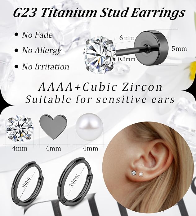 MJust Titanium Earrings for Sensitive Ears 20G Hypoallergenic Stud Hoop Earrings for Women Men Opal Ball CZ Heart Pearl Flat Back Earrings Cartilage Earrings Set