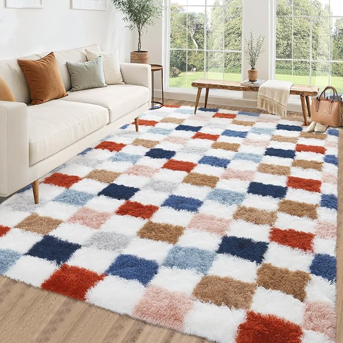 Garvee Plush Fuzzy 8x10 Area Rugs for Living Room, Washable Plush Checkered Rug for Bedroom, Modern Shag Rainbow Rugs Non Slip Soft Furry Large Carpet for Kids Room Nursery Home Decor