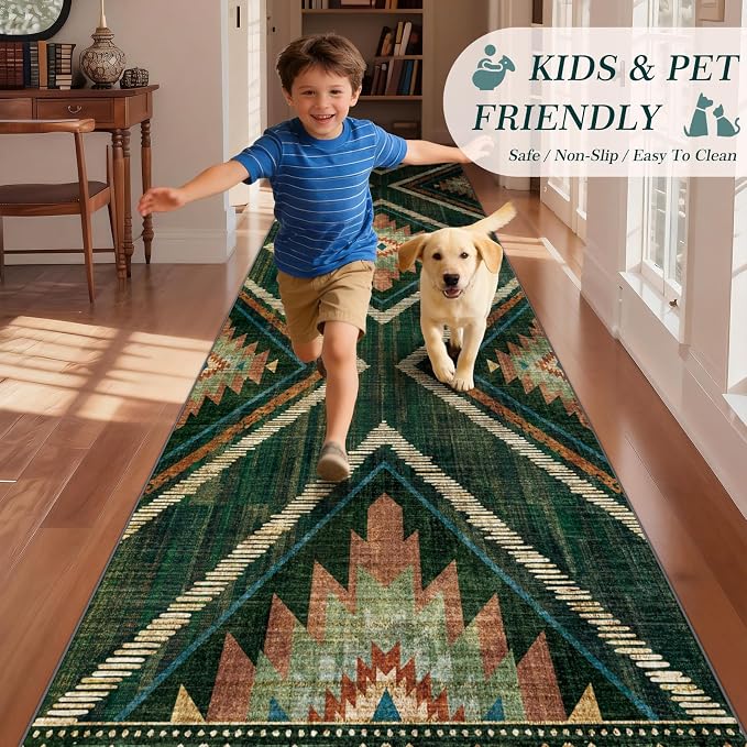 3x12Ft Boho Runner Rugs for Hallway Non Slip, Long Wide Green Geometric Washable Kitchen Rug Runner, Soft Moroccan Entryway Floor Carpets for Entrance Doorway Office Decor