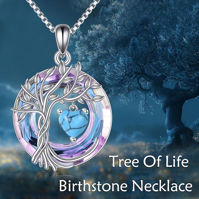 POPLYKE Mothers Day Gifts for Mom Her Wife Tree of Life Necklace 925 Sterling Silver Birthstone Pendant with Crystal Anniversary Birthday Wedding Jewelry for Women