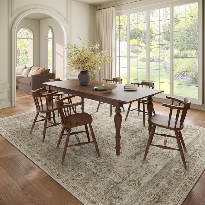 Boho Washable 8x10 Area Rugs for Living Room, Cushioned, Flaxen/Tan | Vintage Non-slip Neutral Oriental Rugs for Bedroom Dining Room Nursery Office High Traffic Area