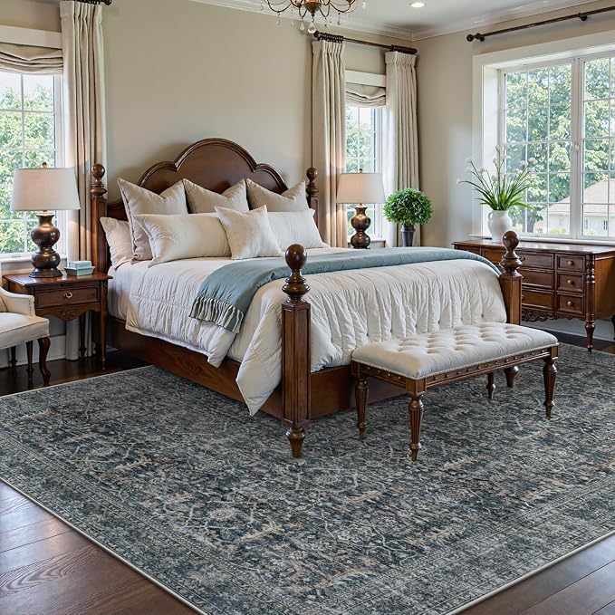 Collive Large Area Rug for Living Room 9x12, Washable Area Rug 9x12 Non Slip Vintage Distressed Bedroom Carpet Ultra-Thin Low Pile Aesthetic Print Floor Rug for Dining Guest Office - Blue/Grey