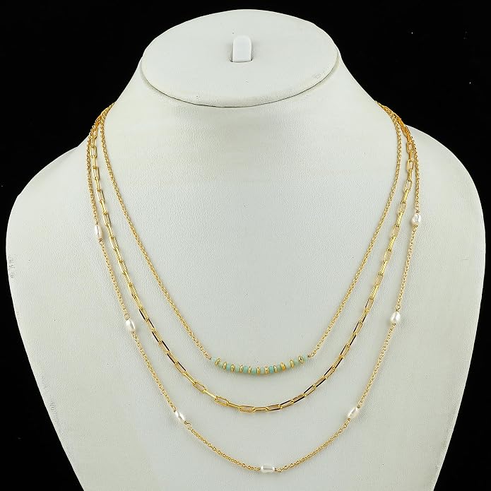 Beads With Pearl 3 Layered Necklaces for Women 14k Gold Plated Dainty Stackable Choker Necklaces for Women Trendy Layering, Cuban Link, Paperclip Chain, For Women Gifts