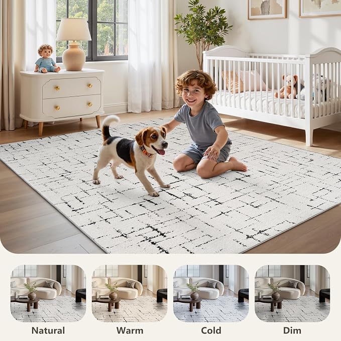 Engiw-Neutral 8x10 Area Rug for Living Room Rug-Carpet Bedroom Rugs Textured Tufted Jacquard Modern Washable Rug for Dining Room Nursery Non Slip-Black and White