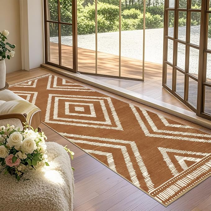 Boho Runner Rugs for Hallway 2.6x8Ft Non Slip, Brown Washable Kitchen Rug with Rubber Backing, Soft Moroccan Farmhouse Entryway Runner, Low Pile Geometric Floor Carpet for Bedroom Home Decor
