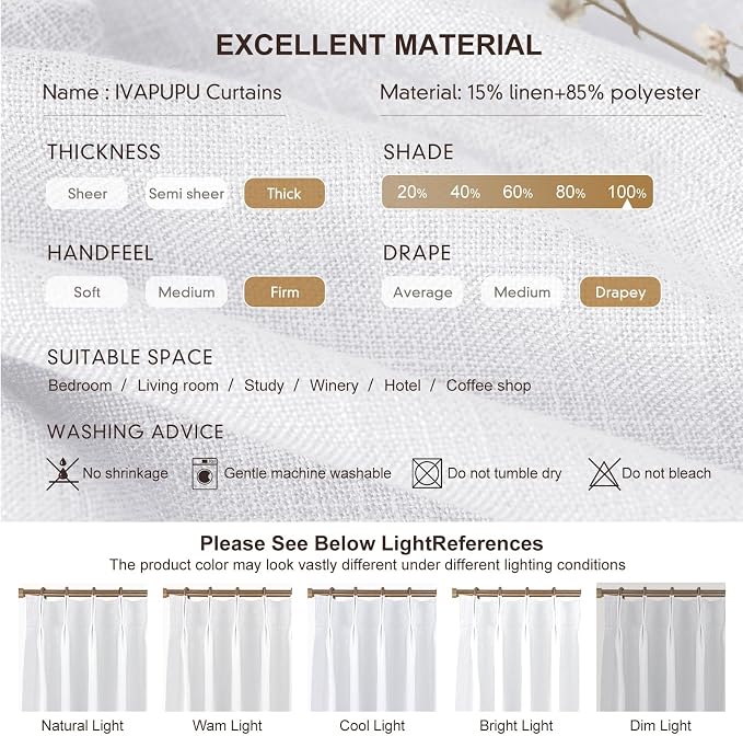 IVAPUPU White Pinch Pleated Full Blackout Linen Curtains for Bedroom, Black Out Curtains 102 Inches Long for Living Room Darkening Thermal Insulated Neutral Pleat Drapes with 16 Hooks, 2 Panels