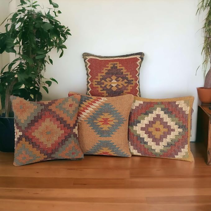 Set of 4 Geometric Wool Jute Square Throw Pillow Covers -Decorative 18 x 18 Inches Multicolour Cushion Covers Perfect for Sofa/Couch/Bed/Home/Outdoor/Car (Multicolour - 04)