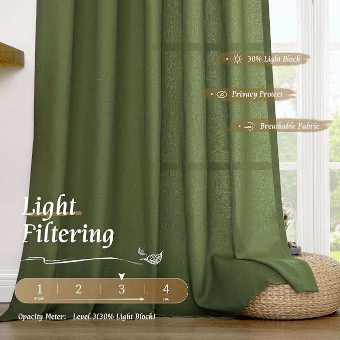 LAMIT Linen Blended Curtains 84 inch for Living Room, Linen Textured Light Filtering Drapes Rod Pocket Boho Panels for Farmhouse/Living Room, 2 Panels, 52 x 84 Inch, Olive Green