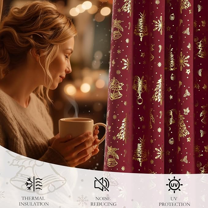 NICETOWN 2 Panels Christmas Red Curtains 42 x 84 Inch, Gold Stamped Rod Pocket Curtain Drapes for Holiday Season, Xmas Home Decor, Festive Window Treatments for Bedroom, Seasonal Curtain Set
