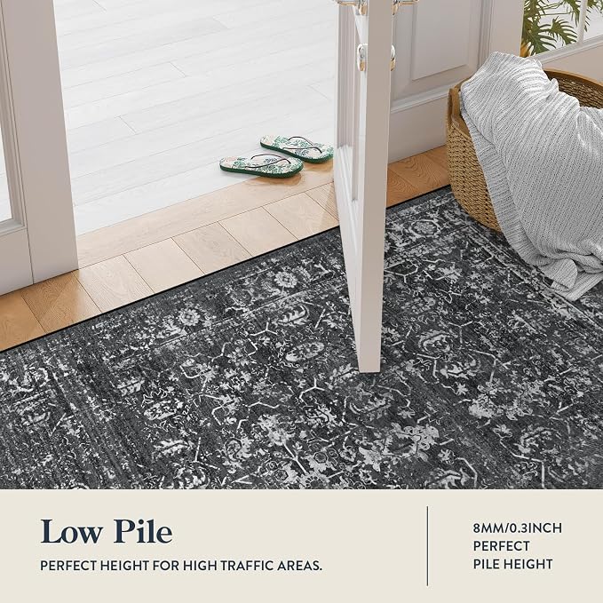 Lahome Margot Vintage 5x7 Area Rugs - Washable Non-Slip Boho Living Room Rugs for Under Table, Black Low Profile Soft Faux Wool for Bedroom, Dinning Room, Nursery, Playroom