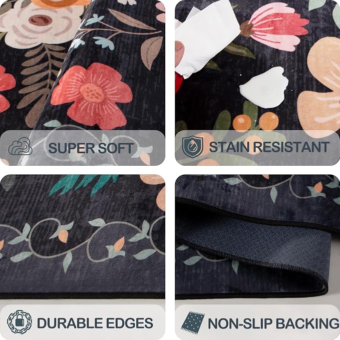 5x7 Area Rug, Floral Rugs for Living Room, Stain-Resistant Washable Bedroom Rug, Non-Slip Area Rugs for Dining Room Under Table, Indoor Carpet for Home Office (5 x 7 Black)