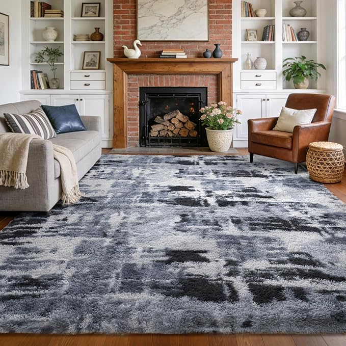 Large Shaggy 6x9 Area Rugs for Living Room Decor, Non-Slip Tie-Dyed Rugs for Bedroom Kids Playroom Dorm Room, High Pile Ultra Soft Carpet, Blue