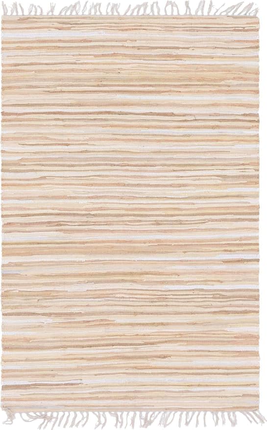 Unique Loom Chindi Cotton Collection Soft Hand Woven Natural Fiber Striped Area Rug, 4 ft x 6 ft, Beige/Ivory