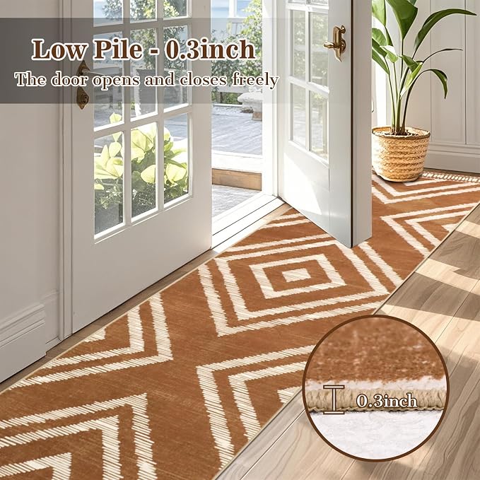 2x10Ft Boho Runner Rugs for Hallway Non Slip, Brown Washable Kitchen Rug Runners, Soft Moroccan Farmhouse Entryway Runner, Low Pile Geometric Floor Carpet for Bedroom Home Decor
