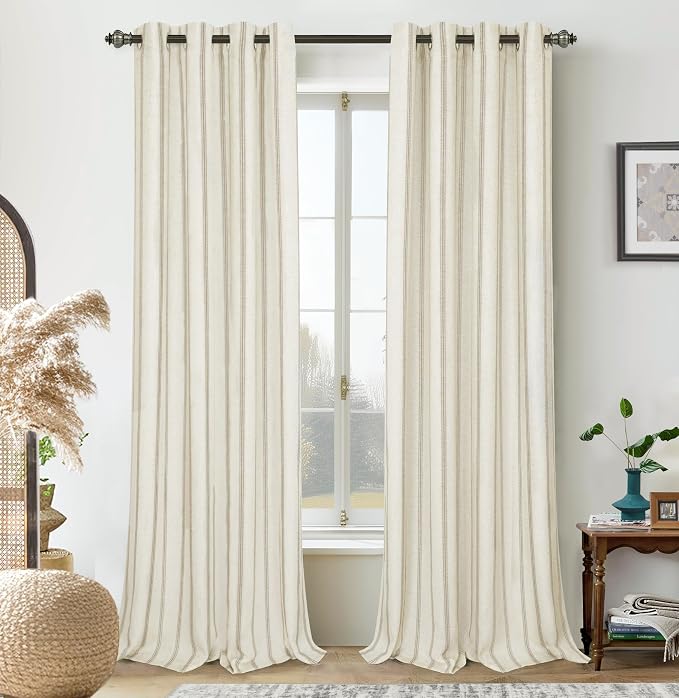 DriftAway Farmhouse Linen Stripe Blackout Curtains, Grommet, W52xL96, Beige | Blackout, Linen Texture, Stripe Pattern, Rod Pocket & Back Tab, Two Layers, Bedroom Living Room Use, Sound Reducing Design