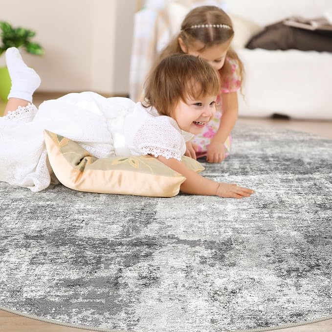 DMOYEST 8ft Round Area Rug for Living Room - 8x8 Washable & Non Slip Circle Rug, Kid & Pet Friendly Soft Low Pile Abstract Carpet for Bedroom and Dining Room - Grey