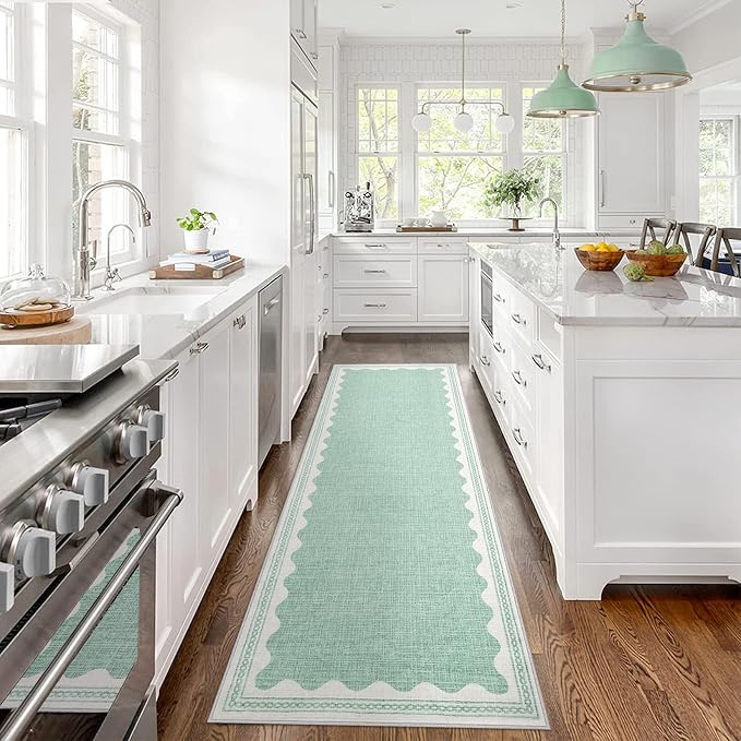 2x6 Scalloped Runners Green Washable Hallways Bedroom Rug | Solid Non Slip Scalloped Bath Runner, Rugs for Bedroom Girls, Rugs for Kitchen Floor Soft Dorm Nursery Carpet for Bedside