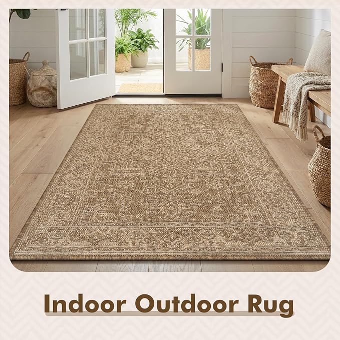 MontVoo-3x5 Outdoor Rug Porch Entryway Rug-Polypropylene Indoor Outdoor Rugs for Entryway Kitchen Balcony Patio, Textured Weave, Durable, Fade-Resistant, Non-Shedding, Vintage Neutral Brown