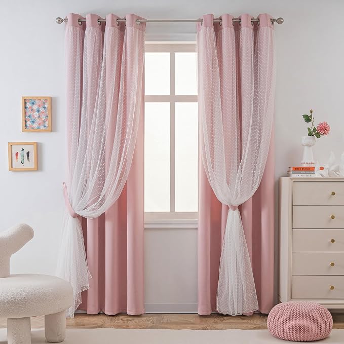MYSKY HOME Pink Curtains for Girls Bedroom & Nursery Kids Blackout Blush Princess Curtains 72 inch Long Double Layer with Polka Dots Sheer, Grommet Tops, 52" Wide, 2 Panels