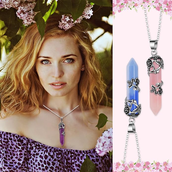 Jexine 24 Pcs Healing Crystal Necklace Christmas Gift Bulk Hexagonal Healing Flower Wrapped Crystal Point Pendant Necklace Natural Quartz Point Pendants with Chain for Women Christmas