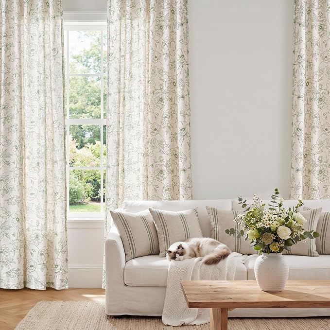 jinchan Floral Linen Curtains for Living Room 84 Inch Length Green Flower Curtain Rod Pocket Back Tab Farmhouse Curtains with Printed Floral Bedroom Window Curtain Set, 2 Panels Green