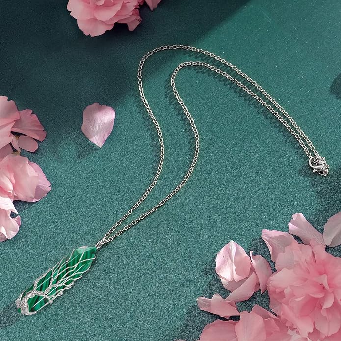VIBILIA Healing Crystal Necklace Tree of Life Wire Wrapped Natural Stone Point Pendant Necklace Hexagonal Reiki Spiritual Quartz Gemstone Jewelry for Women Men