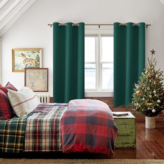 Hiasan Room Darkening Curtains for Bedroom, Noise Reducing, Energy Saving Blackout Window Curtain Panels, Sewn with Tiebacks, Set of 2, Grommet Top(Hunter Green, 38 x 72Inch)