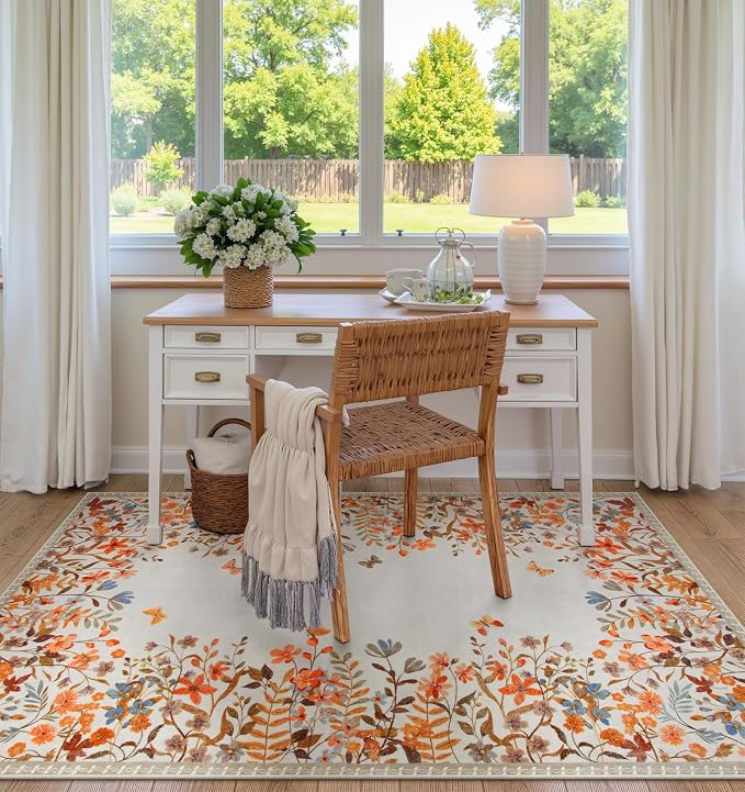 Wonnitar 4x6 Washable Area Rug, Orange Floral Rug for Bedroom, Boho Botanical Entryway Rug, Non Slip Soft Kitchen Carpet, Ultra Thin Cottagecore Home Office Decor (4x6 Orange)