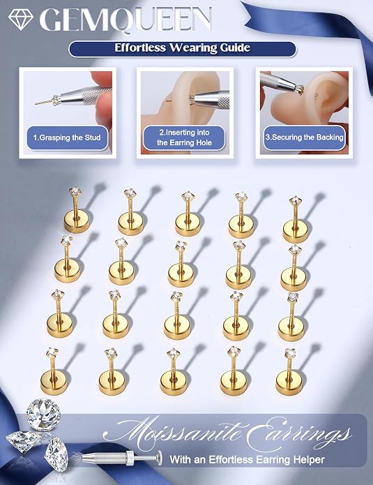 GEMQUEEN 6 Pairs 2-7mm Moissanite Earrings Studs 14K Gold Plated Stainless Steel Flat Back Earring for Women Men - Hypoallergenic Cartilage Helix Piercing Jewelry Brilliant Round Cut D Color VVS1 5.97CT