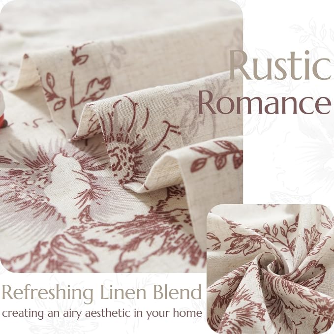jinchan Red Floral Linen Curtains 63 Inch Farmhouse Back Tab 2 Panels | Light filtering drapes, semi sheer, farmhouse, cottagecore, rustic, living room, bedroom, rod pocket, window treatment