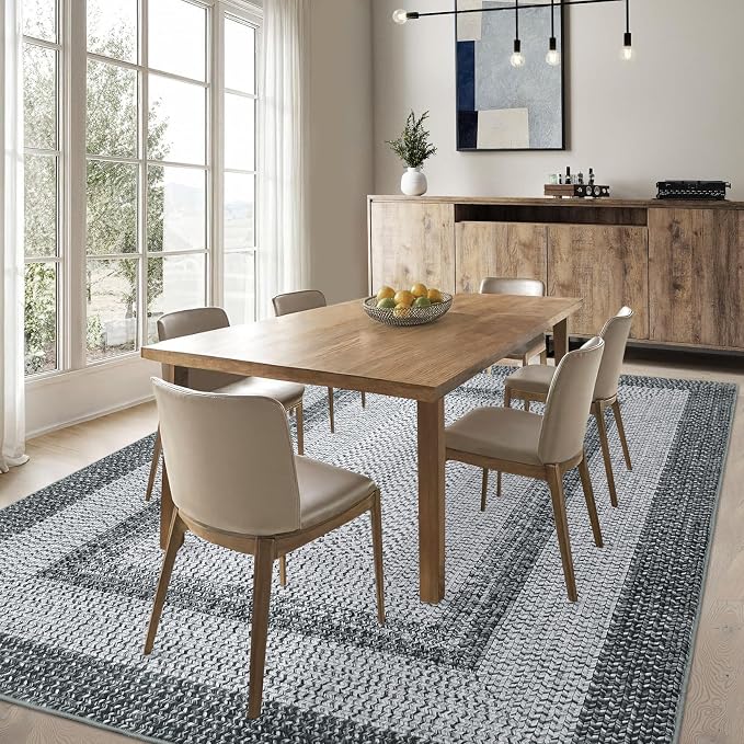 RUGSREAL Boho Rug 4x6 Bedroom Machine Washable Rug Braided Print Indoor Non Slip Throw Carpet Moroccan Area Rugs Stain Resistant Farmhouse Rustic Accent Rug for Living Room Home Decor, Grey